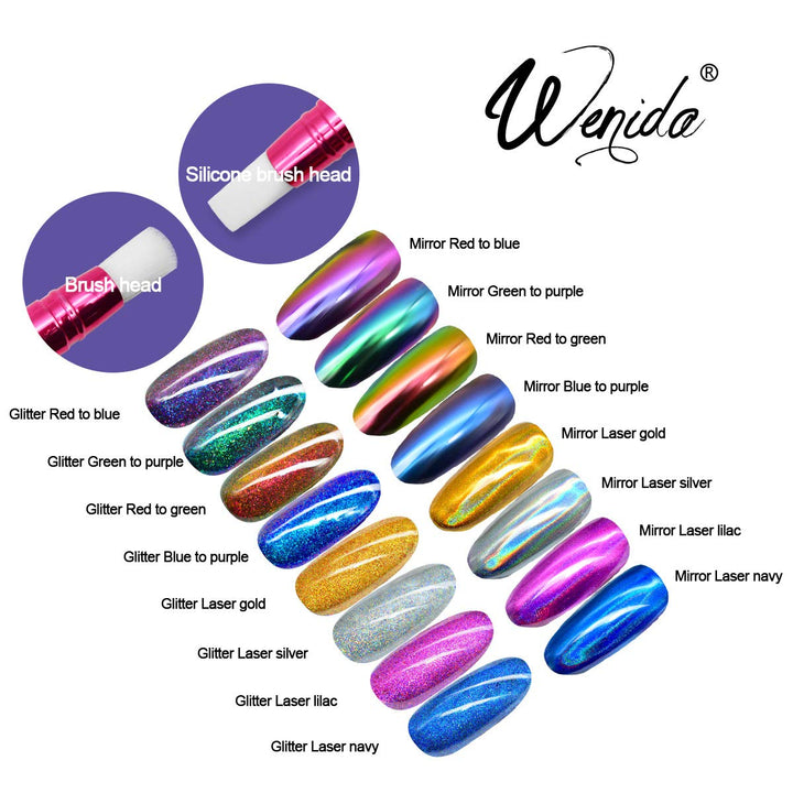 Nail Powder WENIDA 8 Jar Holographic Chameleon Chrome Mirror Laser Synthetic Resin Pigment with 8 False Nails and Silicone Nail Brush for Manicure Decoration