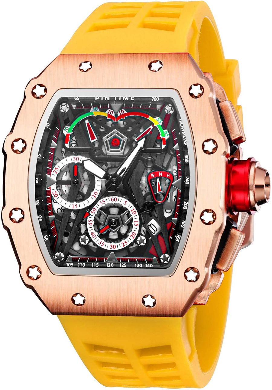 Mens Luxury Tonneau Square Watches Analog Punk Chronograph Unique Sports Wrist Watch Japanese Movement Luminous Design with Rubber Band (Rosegold Yellow)