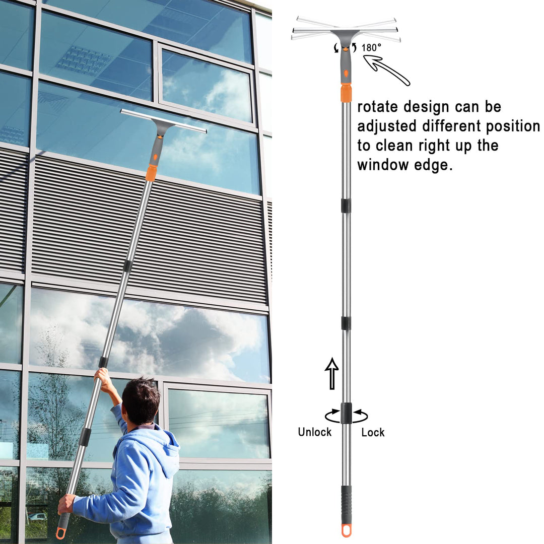 Squeegee for Window Cleaning, Long Handle Cleaner Tool with Extension Pole,11”Microfiber Cloth and 12”Wide Squeegee Cleaner Kit for Car,Shower Glass Door,High Windows
