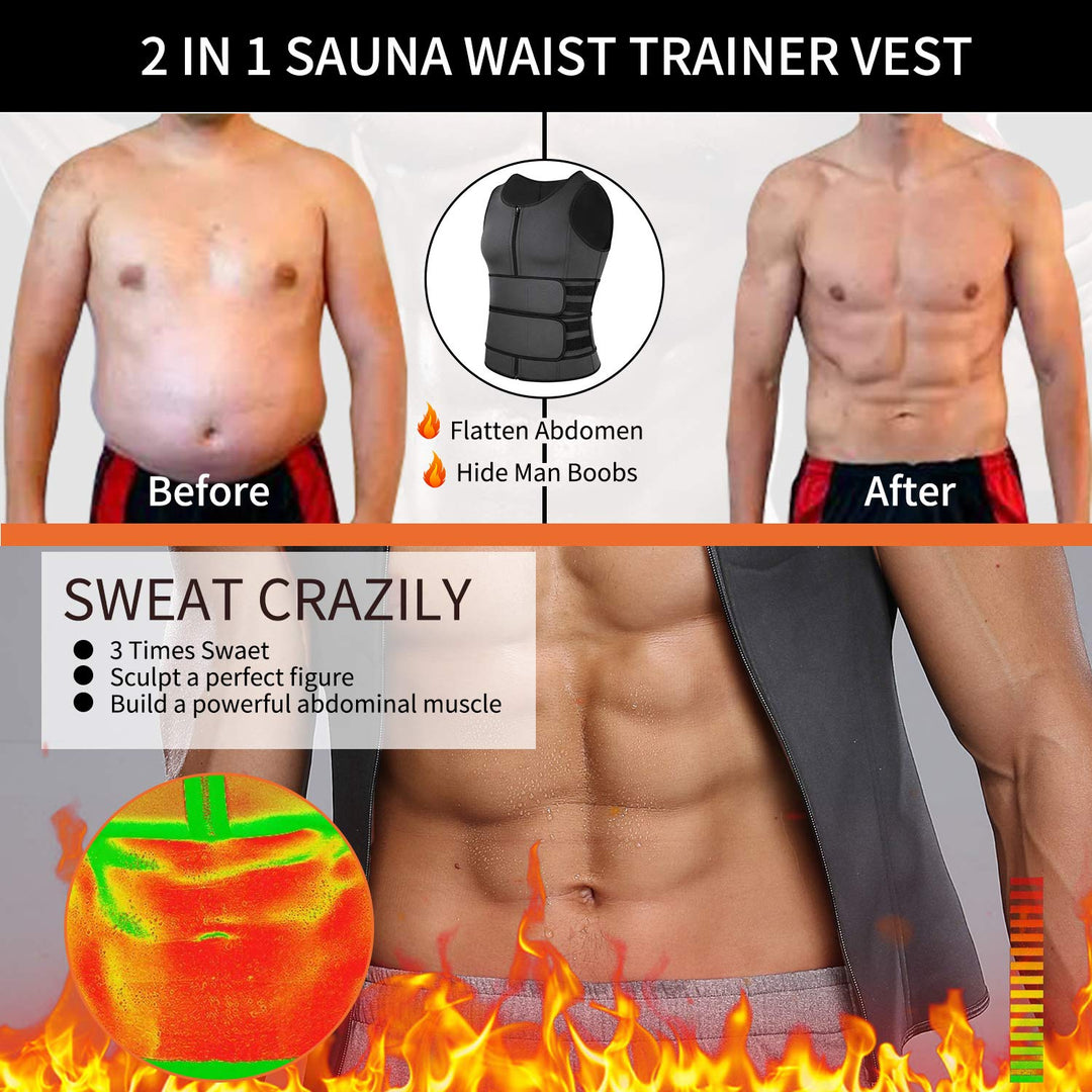 Sauna Waist Trainer Vest for Men Sweat Vest with Double Belt Workout Neoprene Body Shaper Tank Top,Gray XL
