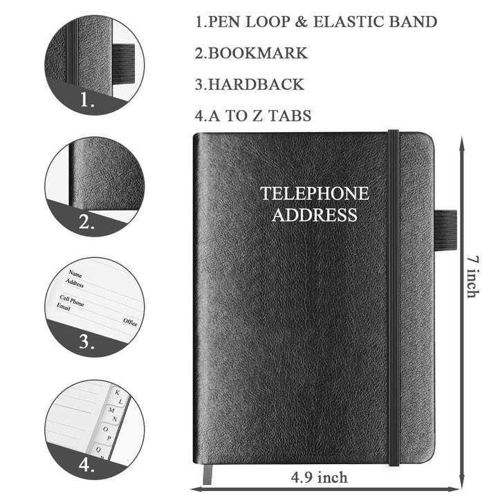Telephone and Address Book with Tabs 4.5 x 6 Address Book Hardcover with Birthday, Address, Phone Numbers, Websites Password. Address Notebook for Home or Office, Black