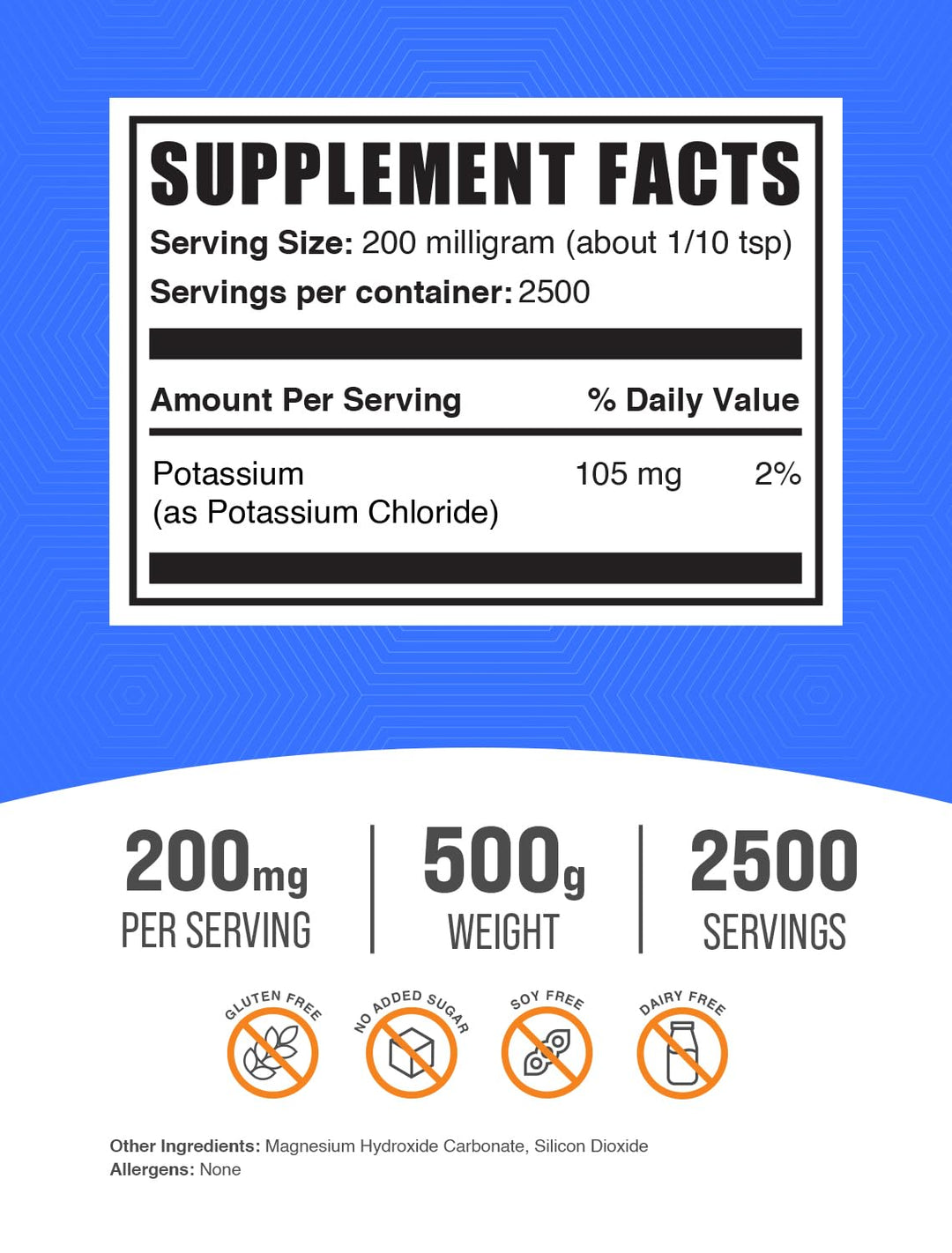 .com Potassium Chloride Powder - Potassium Supplement Powder, Potassium Chloride Salt Substitute, Potassium Salt - Gluten Free, 200mg per Serving, 500g (1.1 lbs) (Pack of 1)