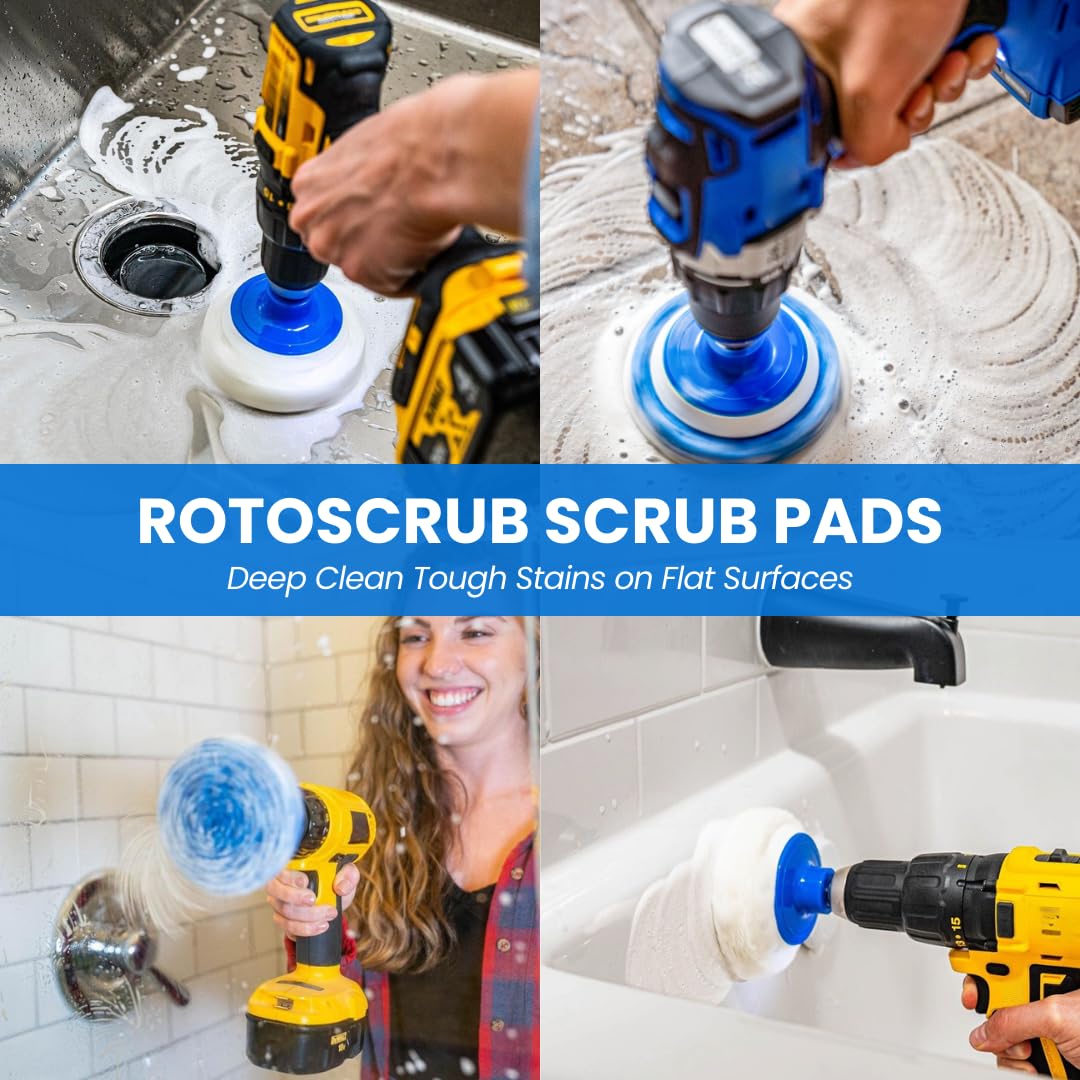 RotoScrub Bathroom Cleaning Scrub Pads + Drill Powered Scrub Brush - Drill Accessory Combo Kit
