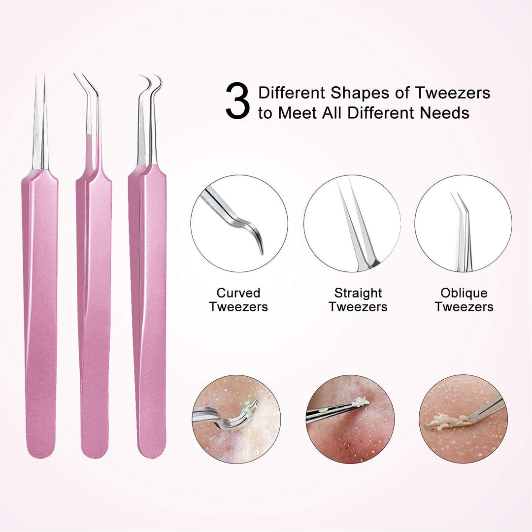 Blackhead Remover Tool, 10Pcs Professional Pimple Popper Tool Kit - Easy Removal for Whitehead Popping, Zit Removing for Risk Free Nose Face, Anti-Slip Coating Handle(Pink)