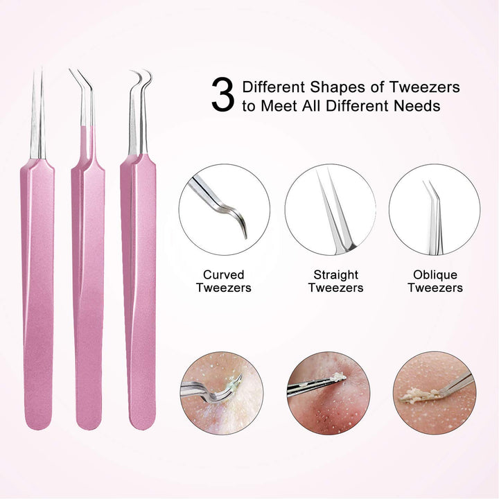 Blackhead Remover Tool, 10Pcs Professional Pimple Popper Tool Kit - Easy Removal for Whitehead Popping, Zit Removing for Risk Free Nose Face, Anti-Slip Coating Handle(Pink)