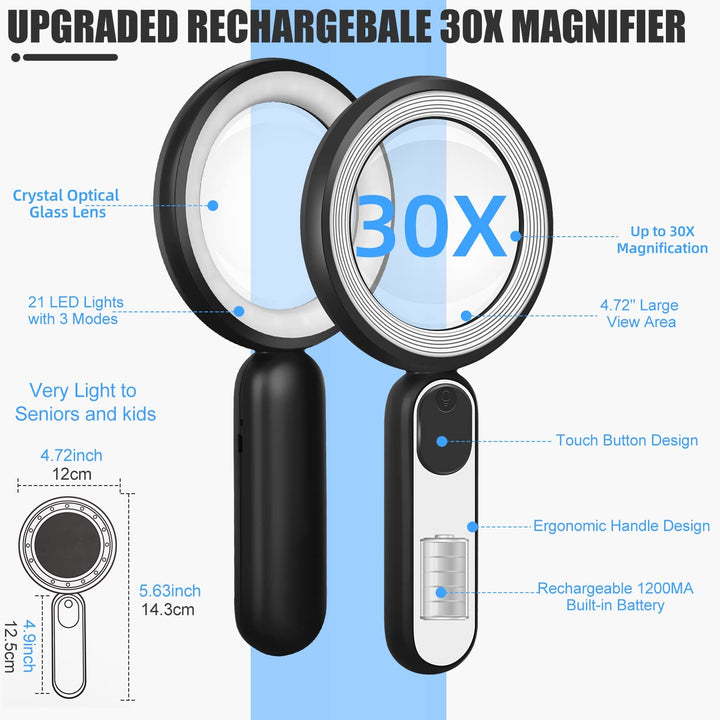 Rechargeable Magnifying Glass with Light, 30X 4.7IN Han