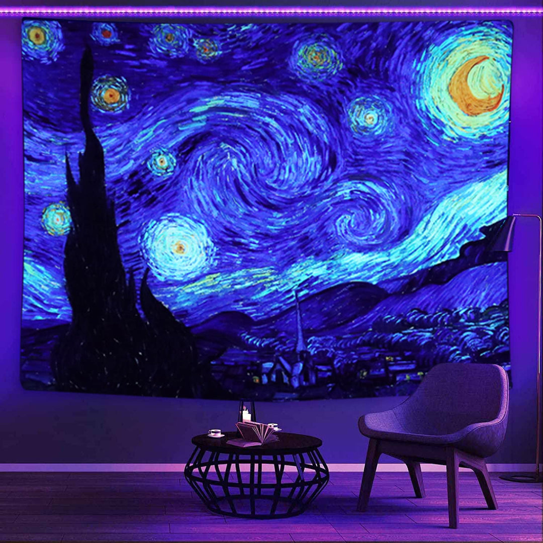 Blacklight Tapestry Starry Night by Van Gogh Wall Art Decor for Bedroom Aesthetic, Abstract Hippie Trippy Wall Hanging UV Reactive Fabric Poster for Living Room Dorm Décor