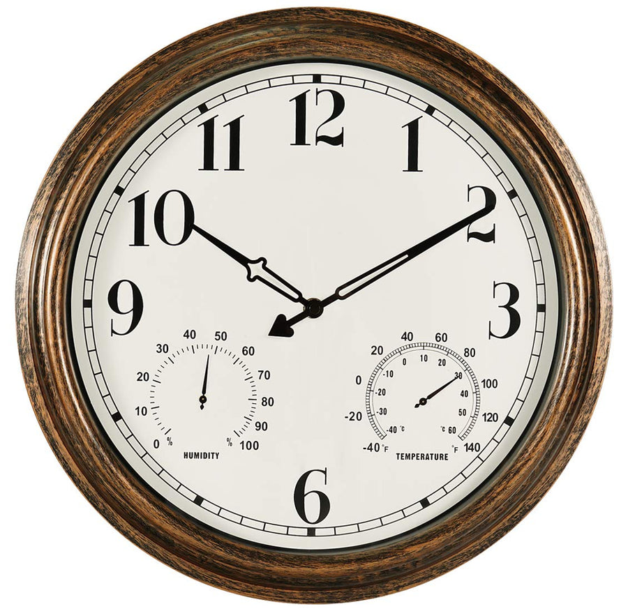 16 Inch Large Indoor Outdoor Wall Clock,Waterproof Non-Ticking Clock with Thermometer and Hygrometer Combo,Battery Operated Clock Wall Decorative-Bronze