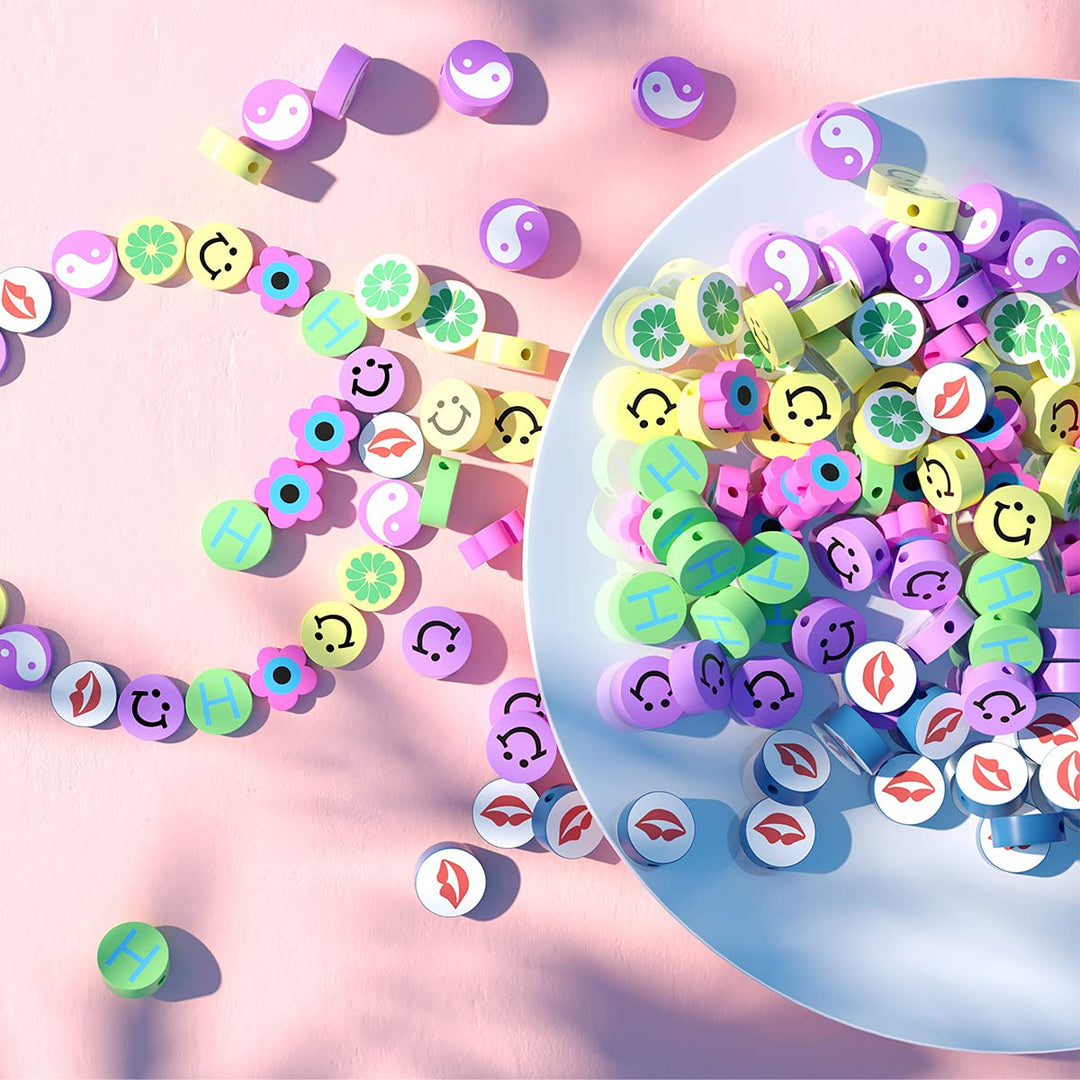 Smiley Face Beads - 300pcs DIY Polymer Clay Preppy Beads Mix Flower Heart Beads with String, Fruit Beads, Star Beads - Cute Clay Beads for Jewelry Making - Fun Beads Clay Charms for Bracelets