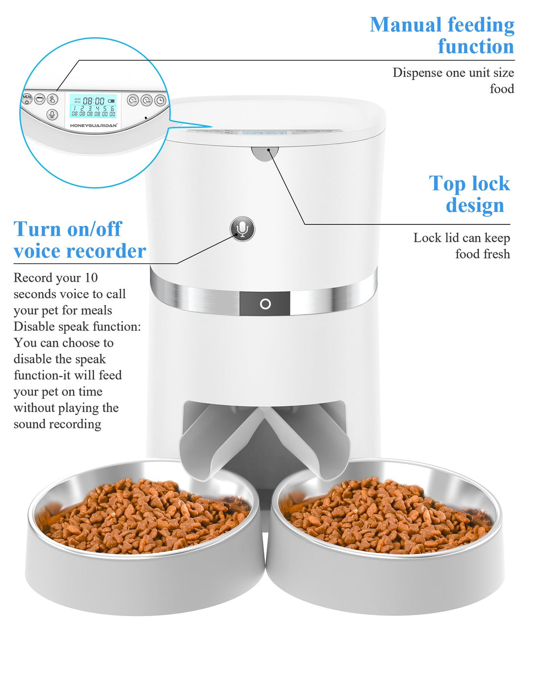 Automatic Cat Feeder, Pet Feeder Food Dispenser for Cat &amp; Small Dog with Two-Way Splitter and Double Bowls, up to 6 Meals with Portion Control, Voice Recorder - Battery and Plug-in Power