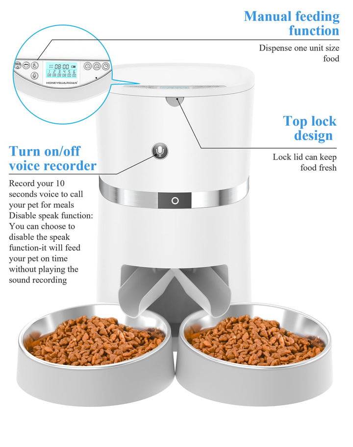 Automatic Cat Feeder, Pet Feeder Food Dispenser for Cat &amp; Small Dog with Two-Way Splitter and Double Bowls, up to 6 Meals with Portion Control, Voice Recorder - Battery and Plug-in Power