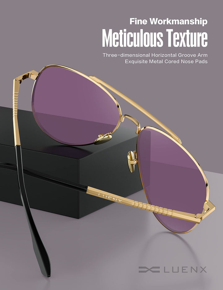 Aviator Sunglasses for Mens Womens Polarized Purple Lens Metal Gold Frame 60mm