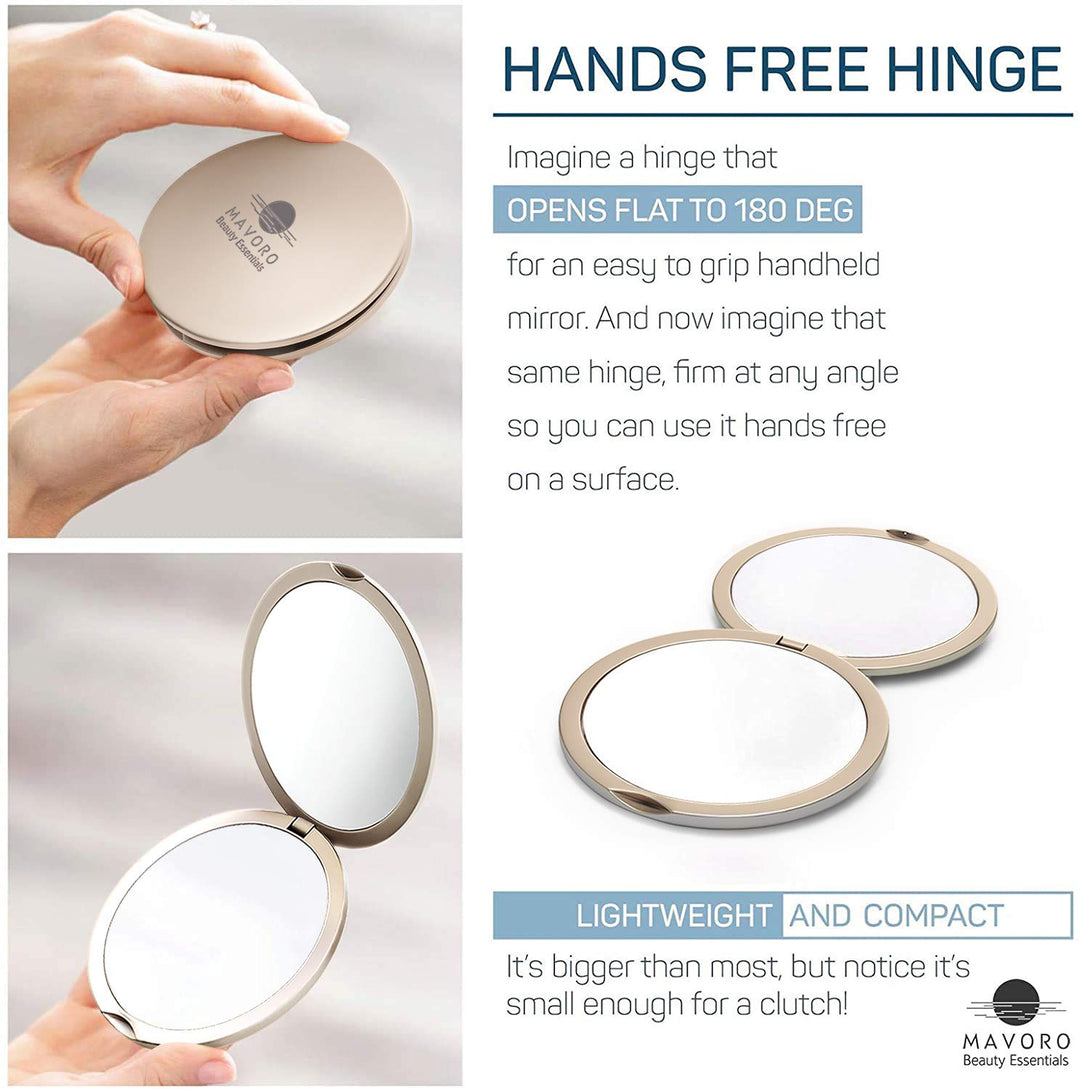 Magnifying Compact Mirror for Purses, 1x/10x Magnification – Double Sided Travel Makeup Mirror, 4 Inch Small Pocket or Purse Mirror. Distortion Free Folding Portable Compact Mirrors (Champagne Gold)