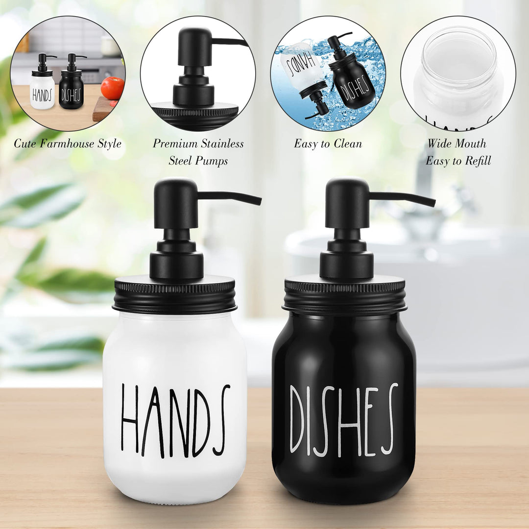 Kitchen Soap Dispenser Set - Hand and Dish Soap Dispenser for Kitchen Sink - Mason Jar Soap Dispenser Glass - Farmhouse Kitchen Decor (Black/White)