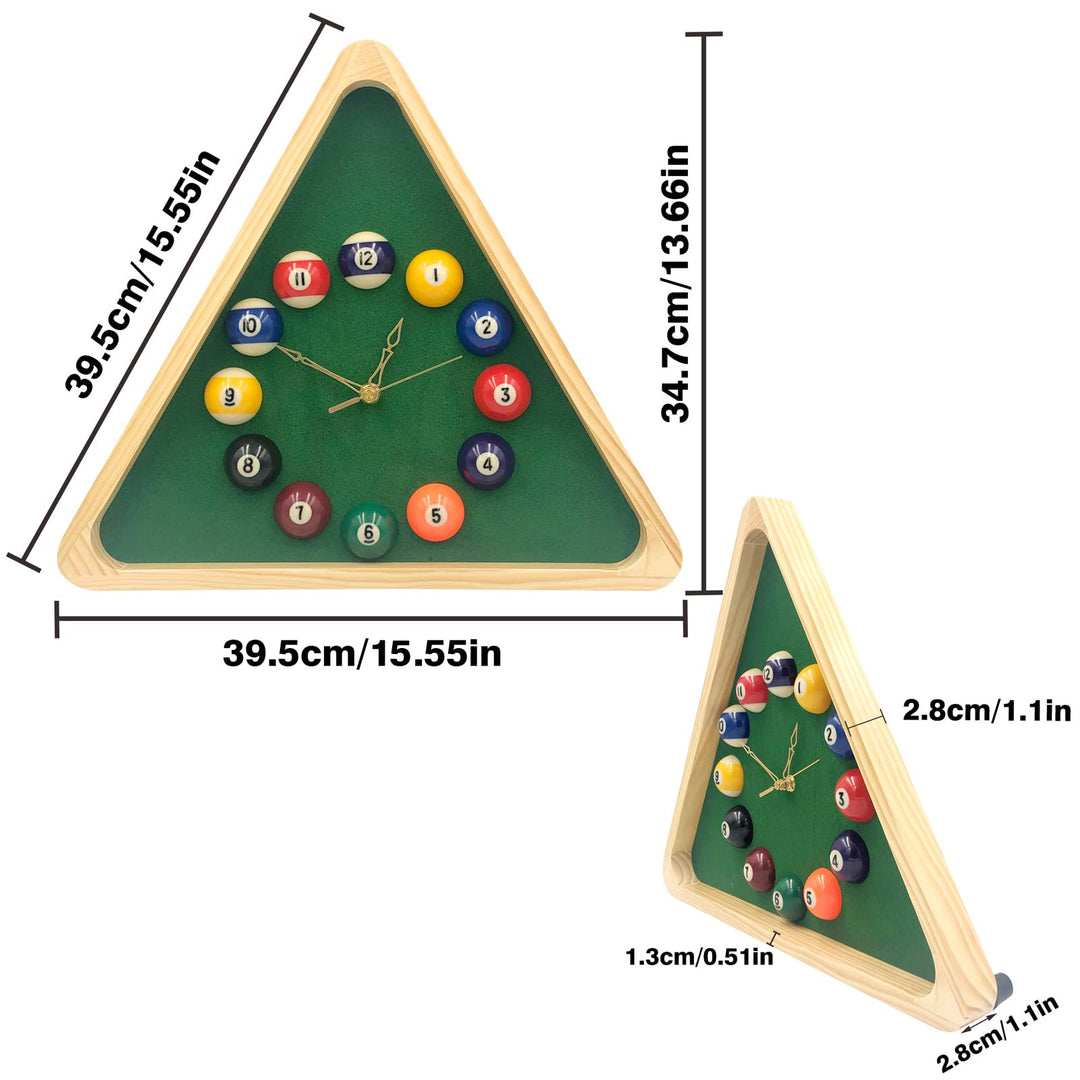 Billiards Pool Ball Clock - 14Inch Triangle Pool Table Cool Wall Clock with Solid Wood Frame,Great for Billiards Room,Pool Room,Game Room,Bar