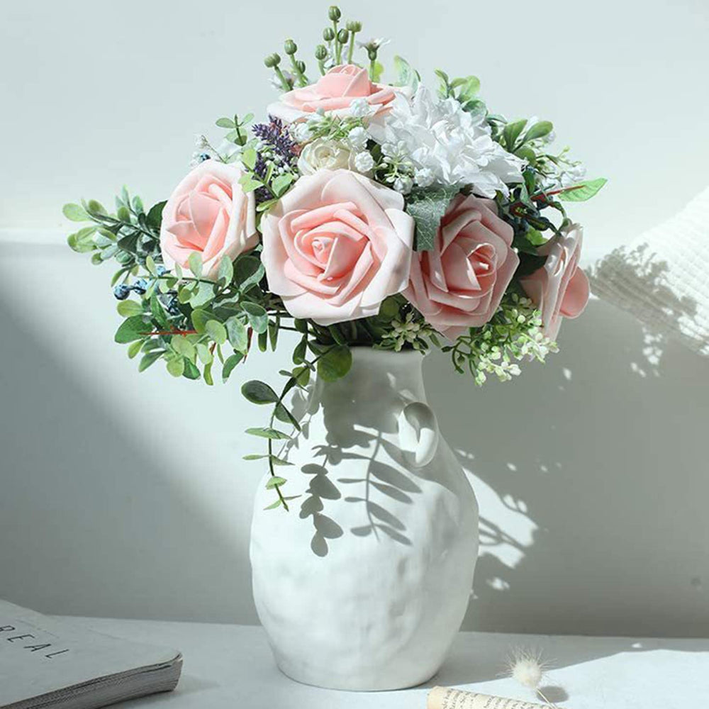 Artificial Flowers, 25Pcs Dainty Rose Artificial Wedding Fake Flowers Combo with Stem/Leaves for DIY Wedding Bouquets Centerpieces Floral Home Party Decorations (White, 25 Pcs)