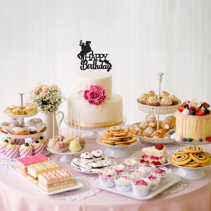 Black Cowboy and Horse Cake Topper with Gun, Happy Birthday West Theme Cake Decoration, Horse Racing Cake Topper, Western Wedding Anniversary Party Supplies