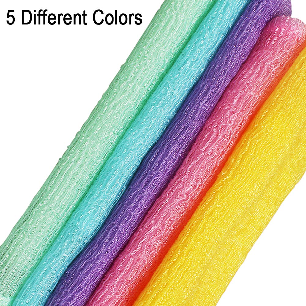 5 Pieces Beauty Skin Bath Wash Towel Long Exfoliating Nylon Bath Cloth Towel, Magic Shower Washcloth for Body, 35 inches (5 Colors)