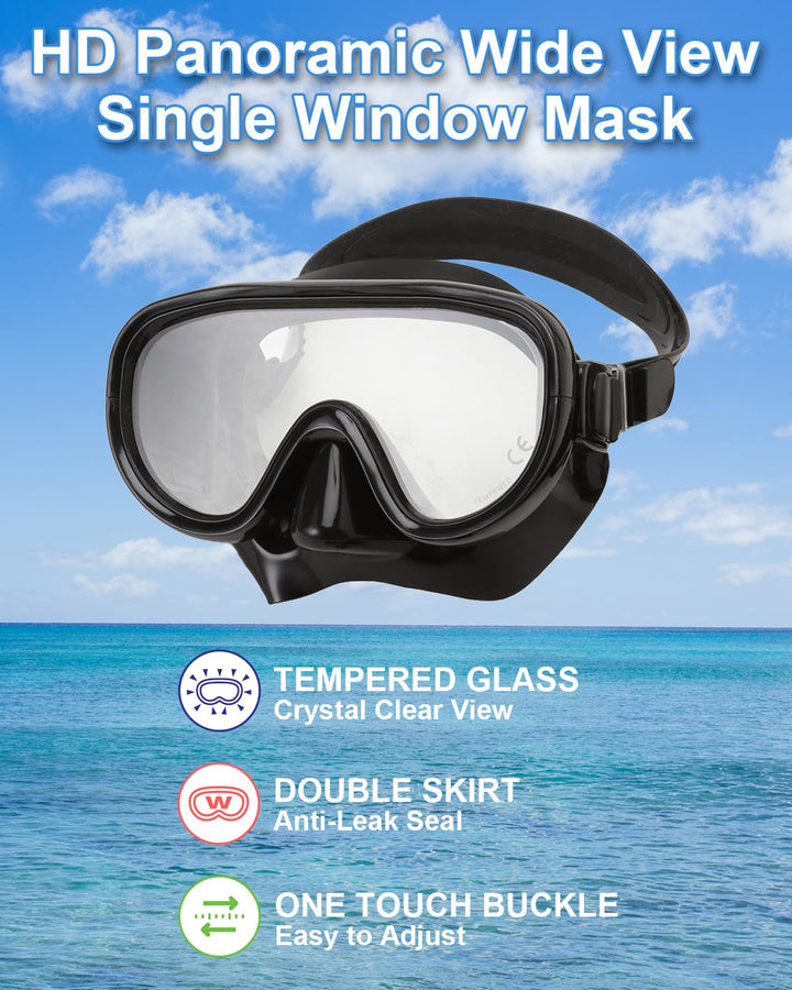 Reef Tourer Adult Single-Window Mask, Snorkel and Fin Traveling Set, Black, Medium (4-9)