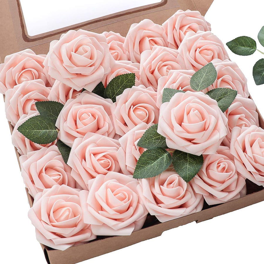 Artificial Flowers 25pcs Real Looking Blush Foam Fake Roses with Stems for DIY Wedding Bouquets Bridal Shower Centerpieces Party Decorations