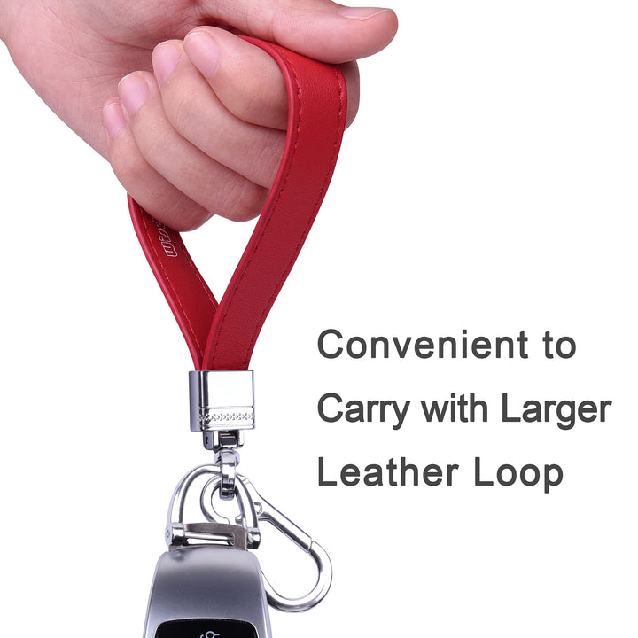 Genuine Leather Car Keychain, Universal Heavy Duty Leather Key FOB Keychain Key Chains Women for Car Keys, 360 Degree Rotation, with Anti-lost D-ring and 3 Keyrings - Red
