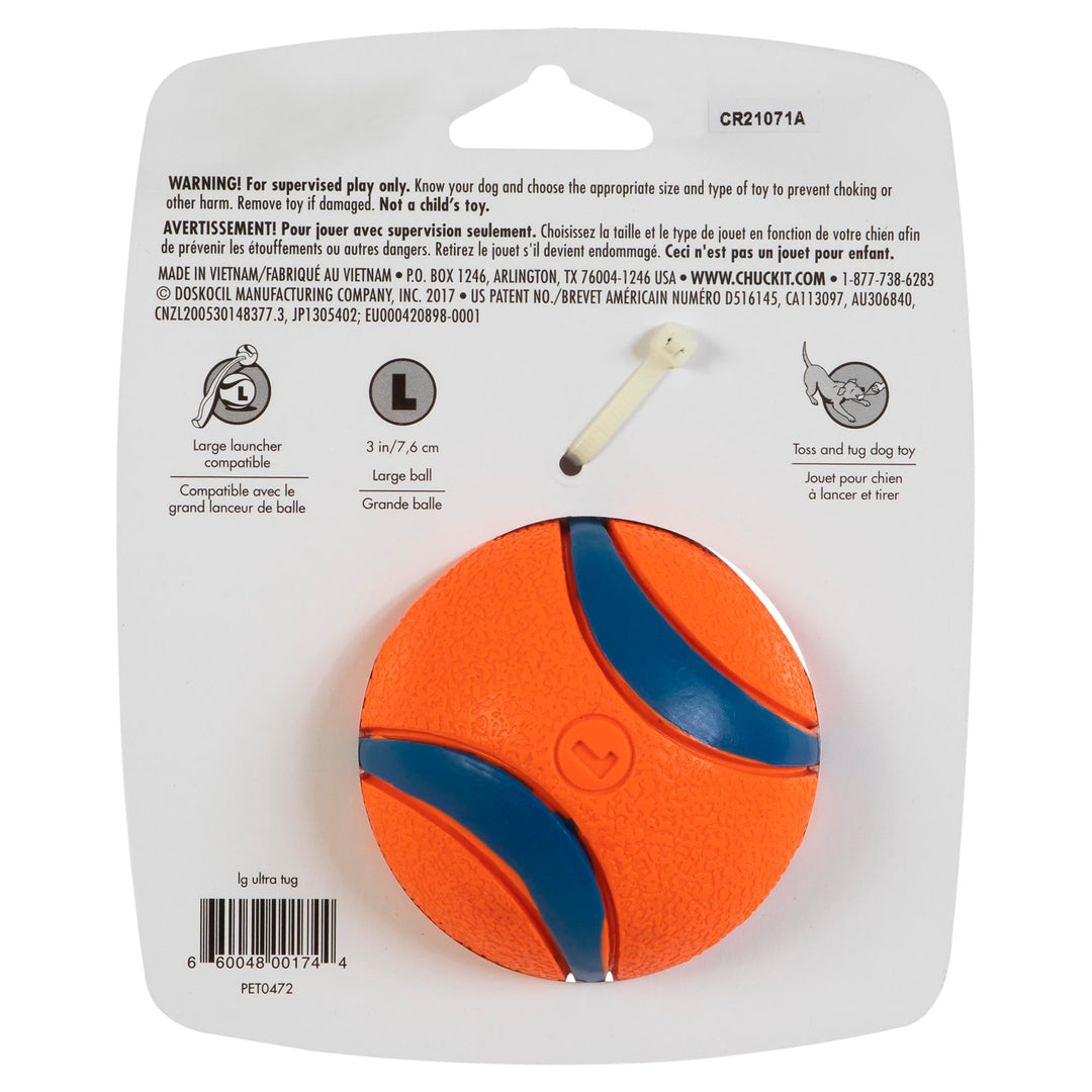 Ultra Tug Dog Toy - Ultra Ball on a Durable Nylon Cord Handle - Fetch and Tug-of-War Toy for Dogs - Size Large - For Breeds 60-100 lbs - 3-inch Diameter - Orange and Blue