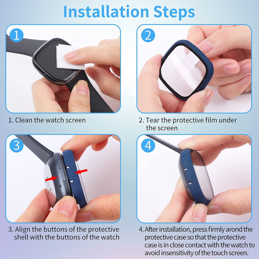 NANW 4-Pack Hard PC Screen Protector Compatible with Fitbit Versa 3/Sense, Built in 9H Tempered Glass Case, Full Coverage Protective Bumper, Sensitive Cover for Versa 3 /Sense Smartwatch Only
