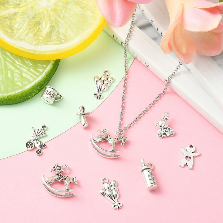 100pcs Baby Theme Charms Alloy Rocking Horse Baby Bottle Ginger Bread Man Toy Tibetan Baby Charms for Jewelry Making Bracelets