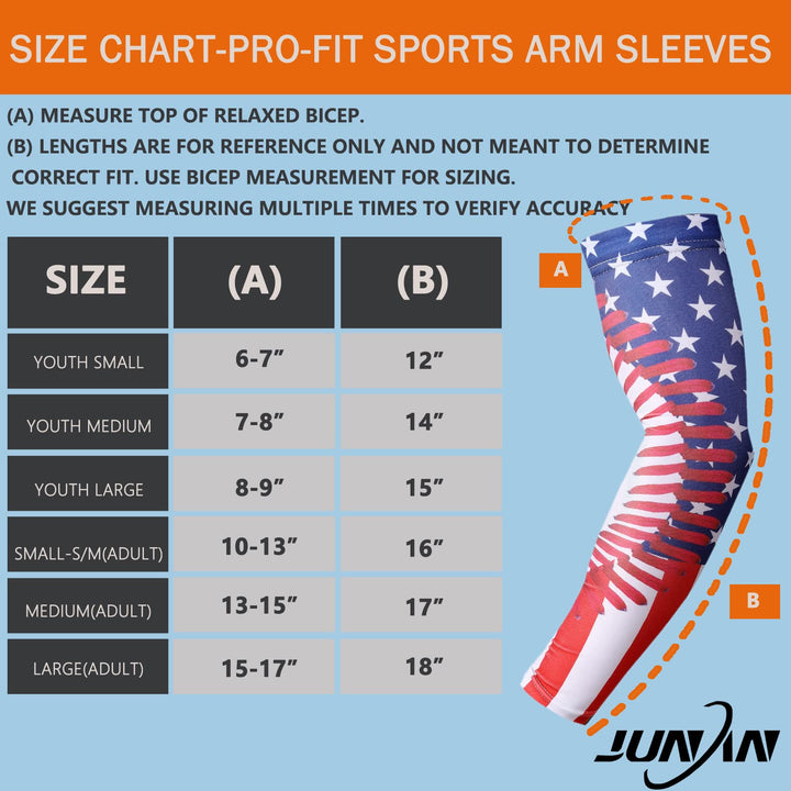 Sports Compression Arm Sleeves 1 Pair Moisture Wicking UV Protection Cooling or Warmer Non Slip Cover -Youth &amp; Adult Sizes