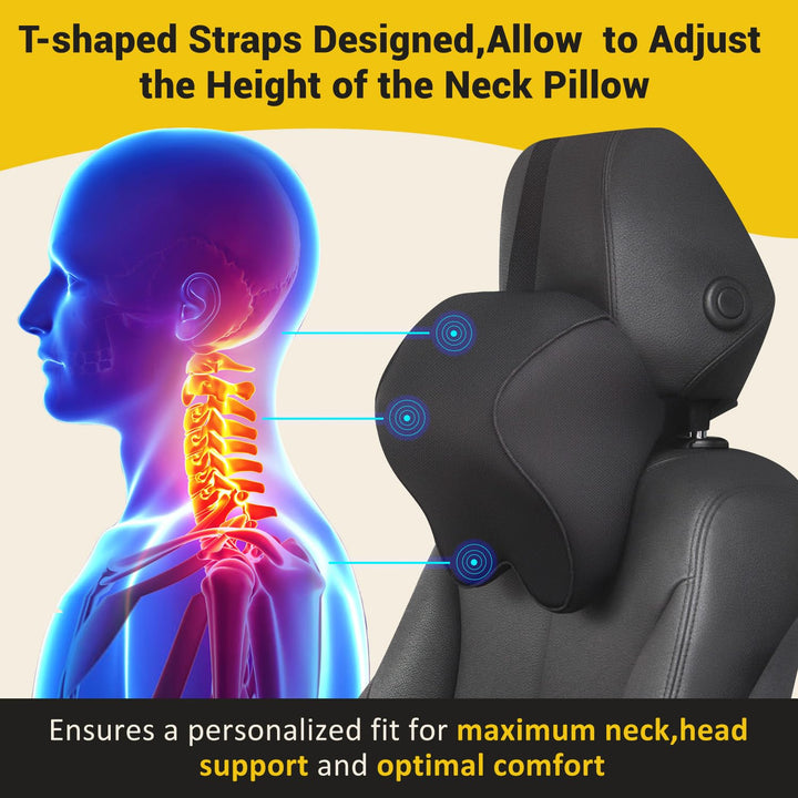 anzhixiu Car Neck Pillow for Driving- Memory Foam Car Pillow for Driving Seat for Cervical Support and Neck Pain Relief - T-Shaped Straps for Height Adjustment,Black