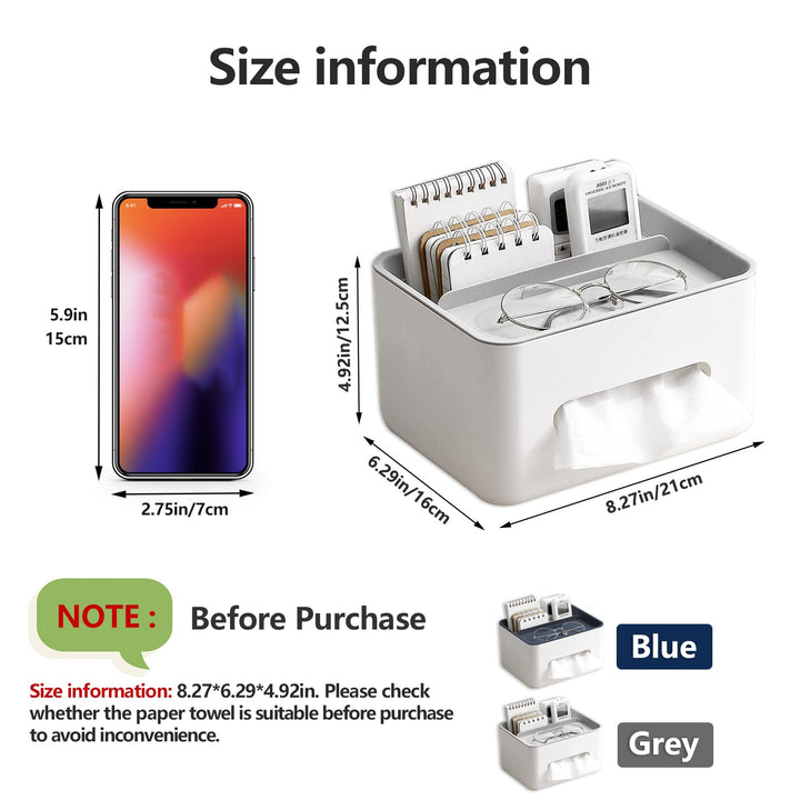 Rectangular Tissue Box Cover Holder with Storage Napkin Tissue Box Holder with Stationery Remote Control Box Decorative Tissue Pen Remote Organizer for Home/Office/Car/Restaurant Grey