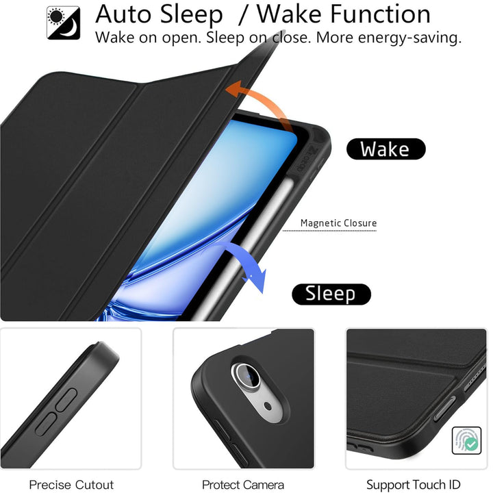 for iPad Air 6th Generation 11 Inch Case M2 2024 &amp; iPad Air 5th/4th Gen 10.9 Inch 2022/2020 &amp; iPad Pro 11 2018 1st with Pencil Holder, Soft TPU Back Slim Trifold Smart Cover, Black