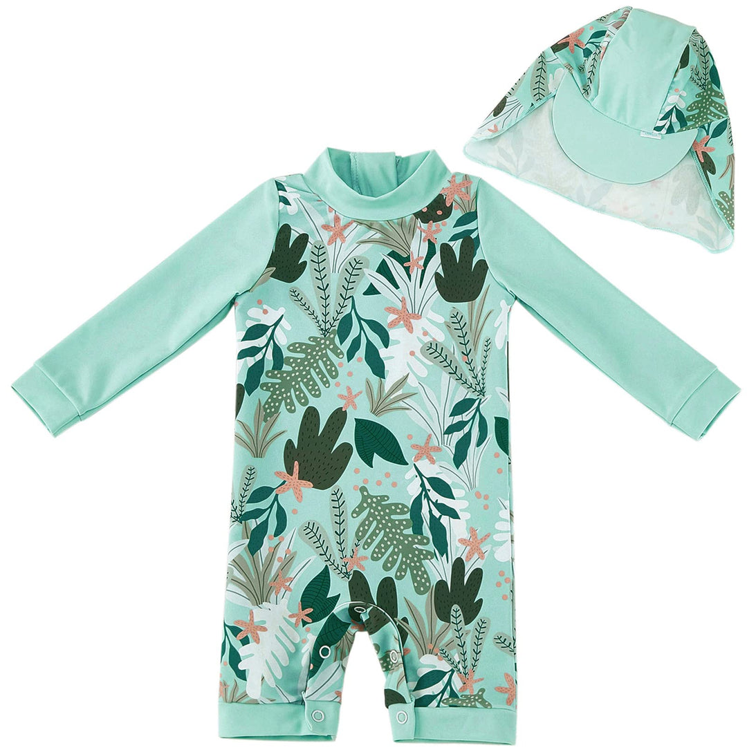 Baby Girls Swimsuit UPF 50+ Sun Protection One Piece Bathing Suits with Hat (Green Tropical plants, 3-6 months)