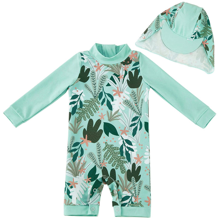 Baby Girls Swimsuit UPF 50+ Sun Protection One Piece Bathing Suits with Hat (Green Tropical plants, 3-6 months)