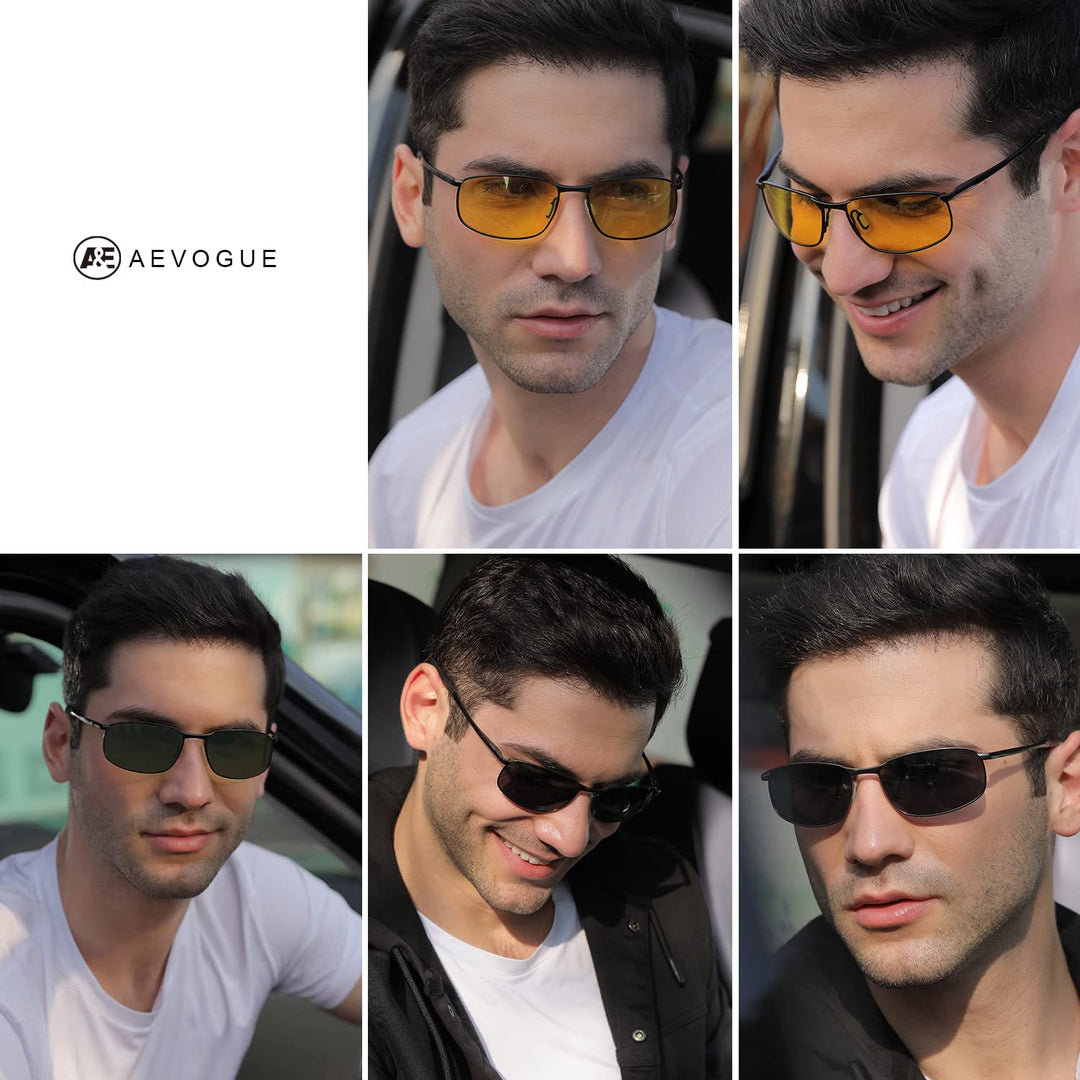 Polarized Sunglasses For Men Rectangle Metal Frame Retro Sun Glasses AE0395 (Black, 59)