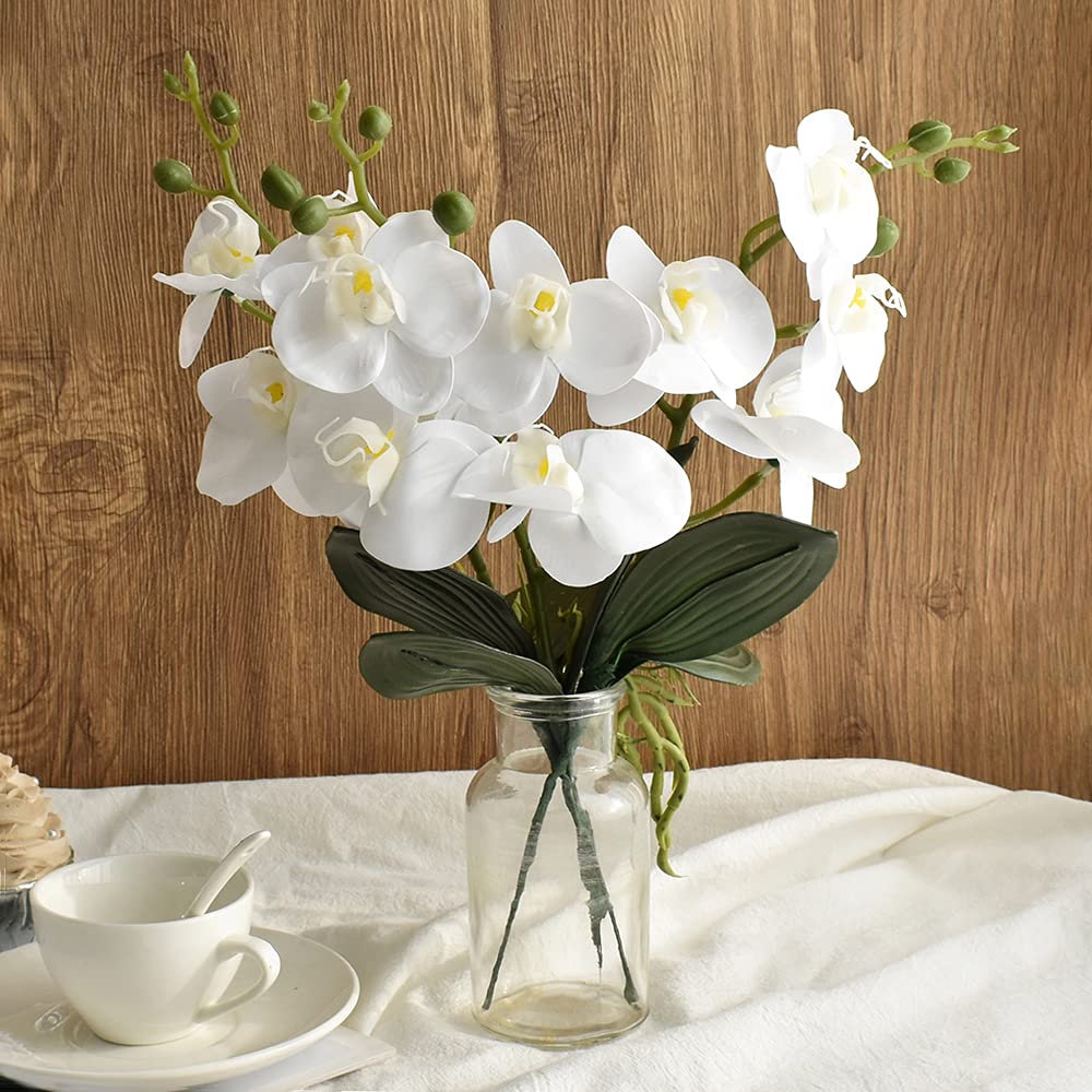 Artificial Phalaenopsis Flowers 4 Pcs, 15” Fake Silk Orchids with Stem Leaves for Valentine's Day Home Office Wedding Party Décor (White)