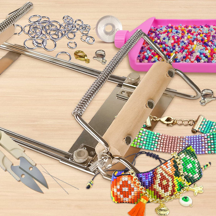 The Second Generation Adjustable Bead Loom Kit with Seed Beads,Large Eye Curved Beading Needle, Funnel Tray,Lobster Clasp,Open Ring and Bead Mat for Jewelry Making kit