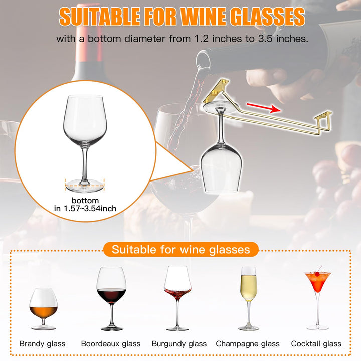 10.8 Inch Gold Wine Glass Rack, Under Cabinet Wine Glass Holder, Metal Stemware Rack Wine Glass Hanger for Kitchen Storage (2 Pack)