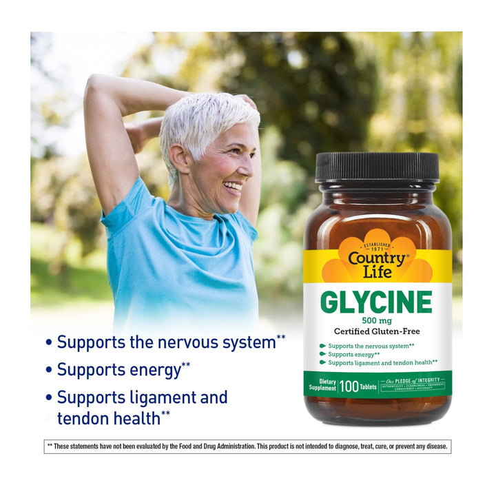 Country Life Glycine 500 mg with B-6, 100 Tablets, Cert