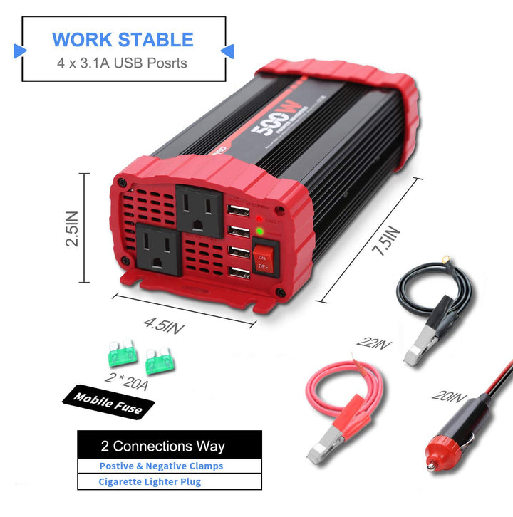 500W Power Inverter, Car Power Inverter DC 12V to 110V AC Car Inverter Converter 4 USB Quick Charging Ports and Dual AC Outlets Car Charger Adpater with Cigarette Lighter Cable and Battery Clamps