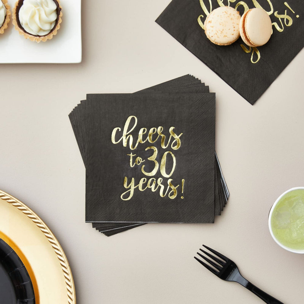 50-Pack Cocktail Napkins - Disposable Paper Party Napkins with Cheers to 30 Years! Printed in Gold Foil, Perfect for Birthday and Anniversary Celebrations, 5 x 5 inches Folded, Black