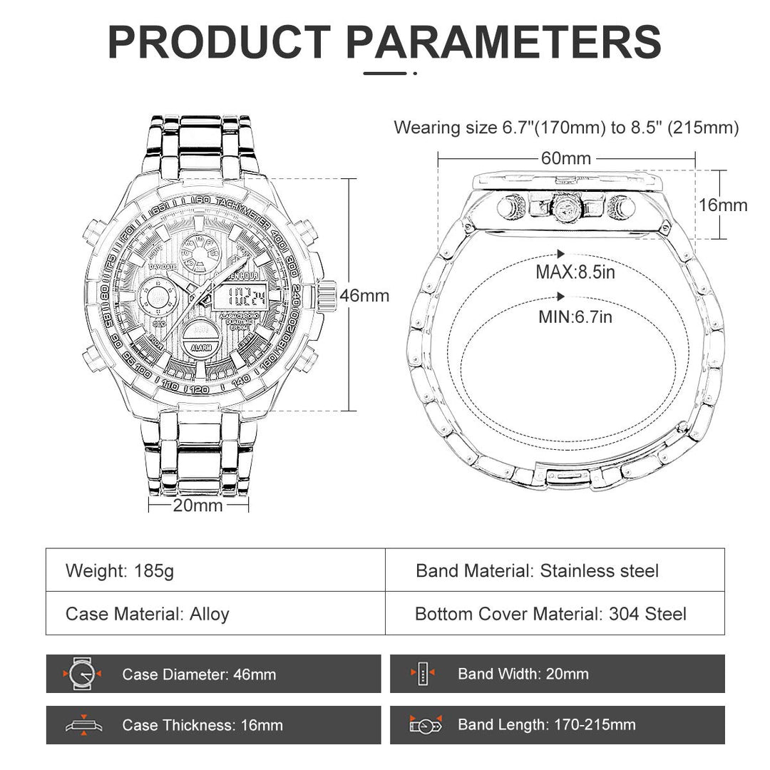 GOLDEN HOUR Luxury Stainless Steel Analog Digital Watch