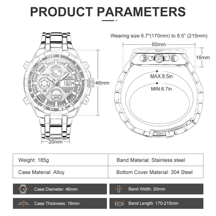 GOLDEN HOUR Luxury Stainless Steel Analog Digital Watch