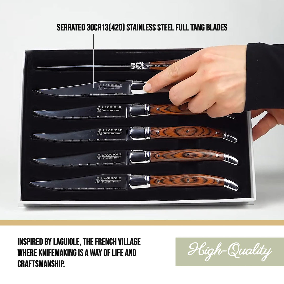 Set of 6-Brown &amp; Gray Laguiole Steak Knives with Pakkawood Handles, Stainless/Wood