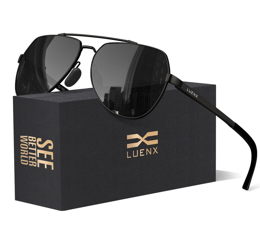 Men Aviator Sunglasses Polarized Shades Flexible Spring Hinge - Light Blue Mirror Lens Black Metal Frame 60mm