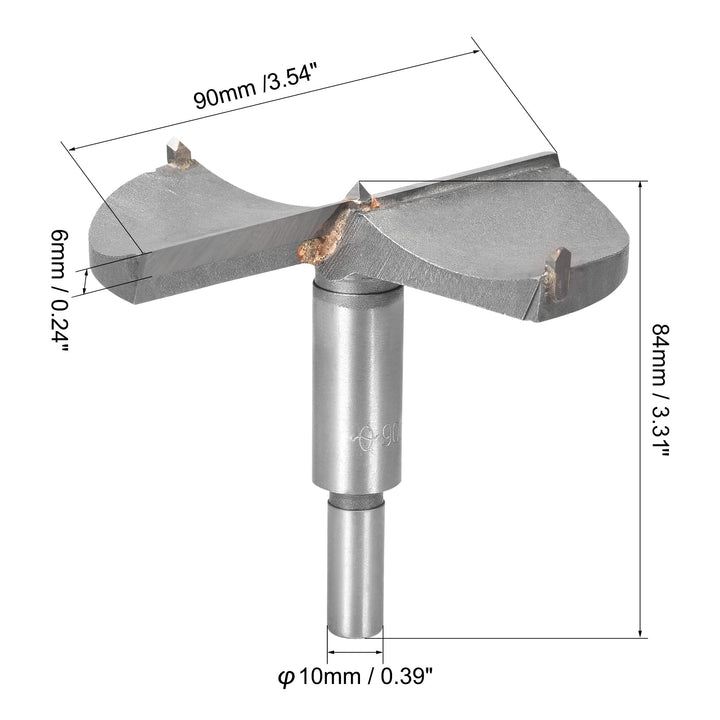 Forstner Wood Boring Drill Bit 90mm Dia. Hole Saw Carbide Alloy Steel Tip Round Shank Cutting Tool for Plywood Wood