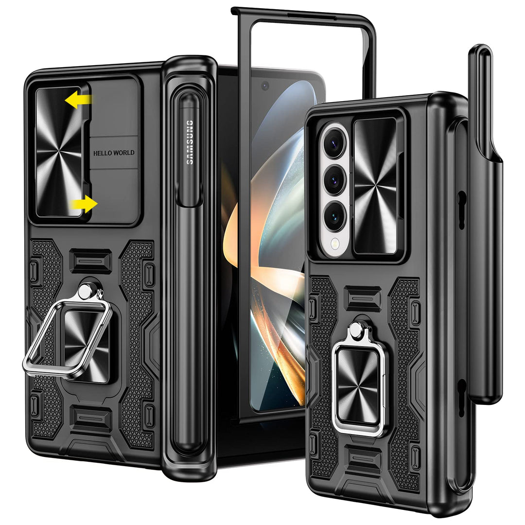 for Galaxy Z Fold 4 Case with S Pen Holder, [Hinge Protection][360°Ring Magnetic Kickstand][Slide Camera Cover][Front Screen Protector] Protective Armor Case for Samsung Galaxy Z Fold 4- Black