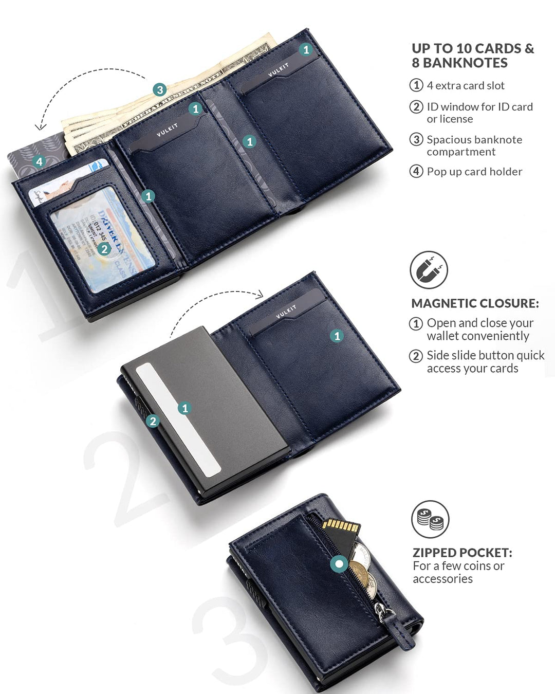 Card Holder Wallet with Coin Pocket Magnetic Closure Pop Up Cards With ID Window Leather Wallet for Cash &amp; Credit Cards, Navy