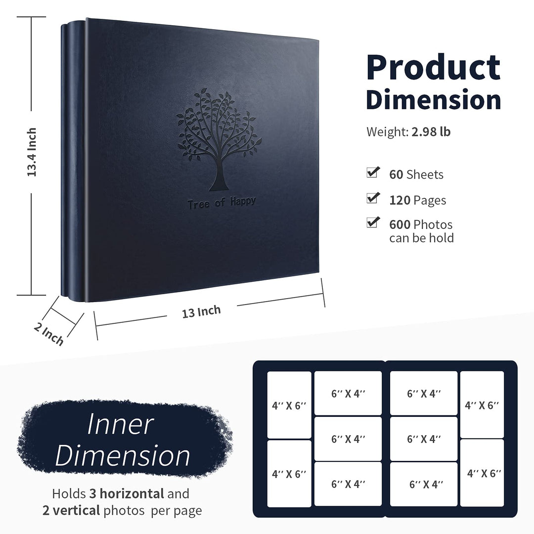 Photo Albums 4 x 6 Picture 600 Horizontal and Vertical Photos Extra Large Capacity Photo Album Blue Leather Cover Pictures Photo Book for Family, Marriage, Baby Growth and Vacation