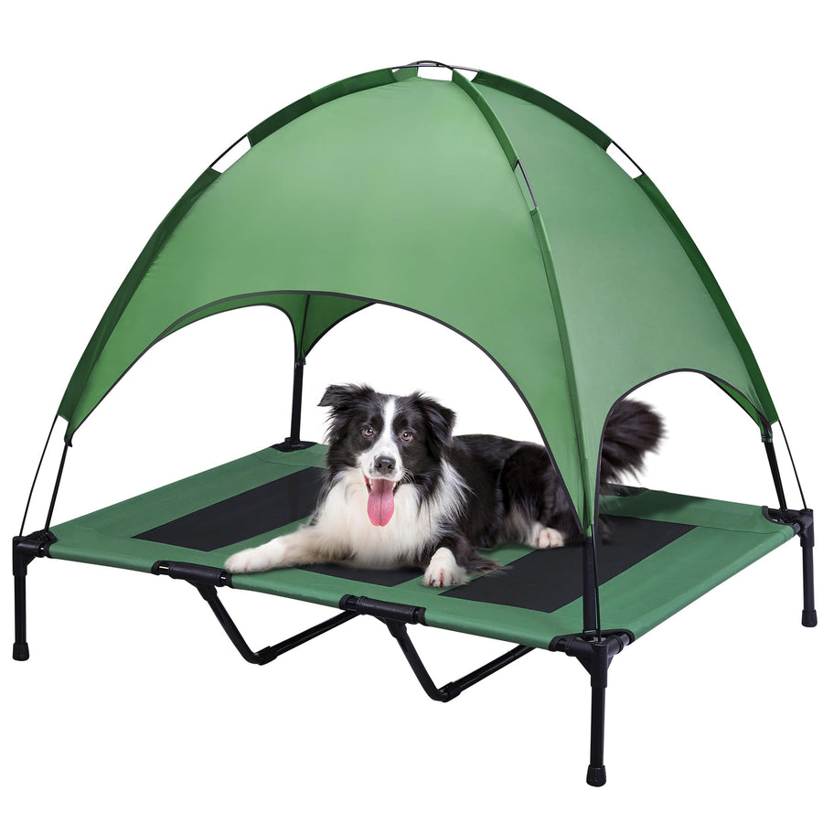 XLarge Outdoor Dog Bed, Elevated Pet Cot with Canopy, Durable Oxford Fabric, Extra Carrying Bag, for Camping or Beach - Green